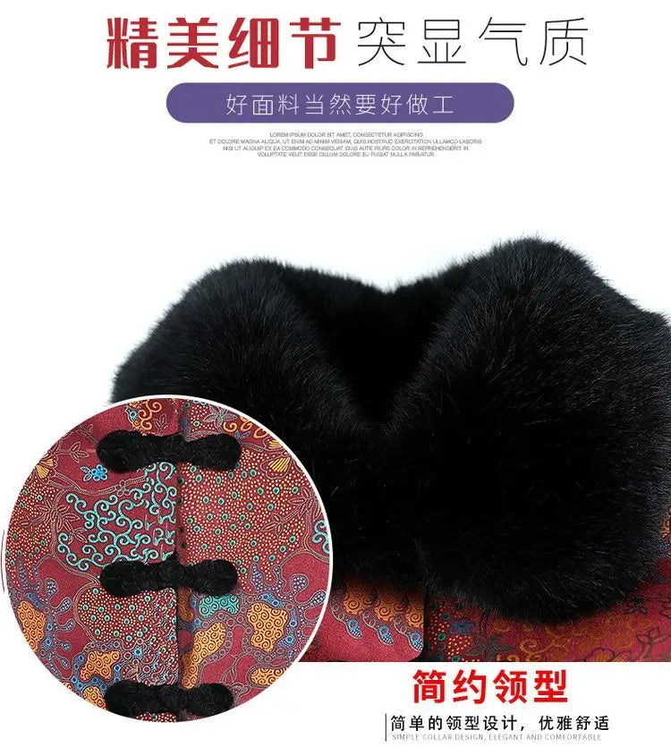Chinesischer Stil, floraler, mit Fleece gefütterter Mantel für ältere Frauen, Kunstpelzkragen, Tang-Anzug, warme Winter-Oma-Oberbekleidung