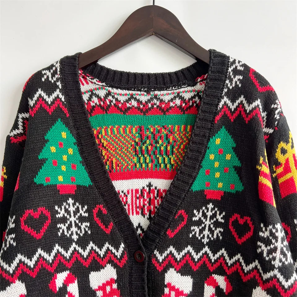 Frauen Herbst Modus 2025 Weihnachten Themed Gedruckt Strickjacke Mit Knöpfen V-ausschnitt Mit Langen ärmeln Pullover Strickjacke Mujer Abbigliamento Donna