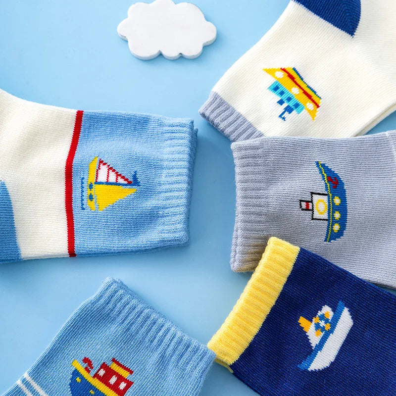 5 Paar neue Herbst und Winter Kinder Socken gestreifte Segelboot Jungen Socken 4 bis 8 Jahre alte Socken