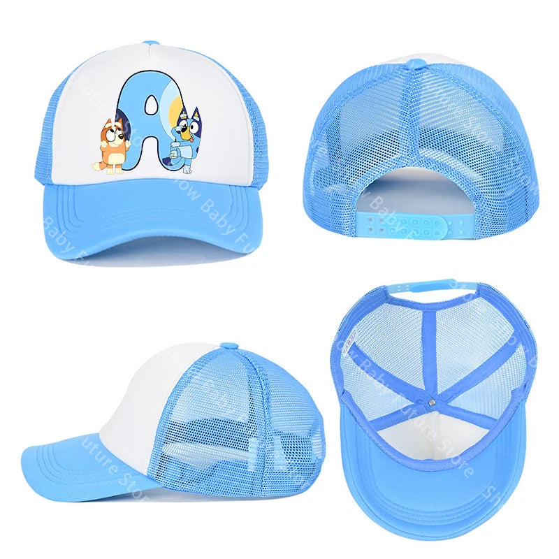 Blueys Baseballkappen für Erwachsene, Jungen und Mädchen, Kawaii-Buchstaben, zwei Größen, atmungsaktive Sport-Mesh-Mütze, niedlicher Cartoon-Anime-Sonnenhut, Geschenke