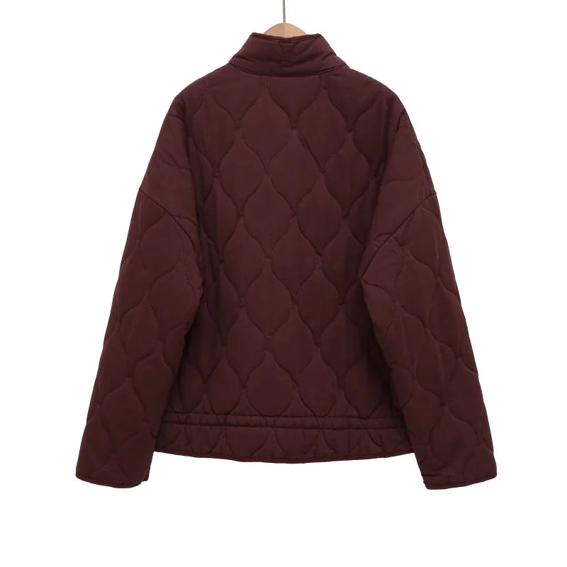 Damen Polyester Gefütterte Jacke 2026 Neuerscheinung Vintage Lenzing Rayon Hochkragen Große Tasche Dekorativer Gesteppter Mantel für Frauen