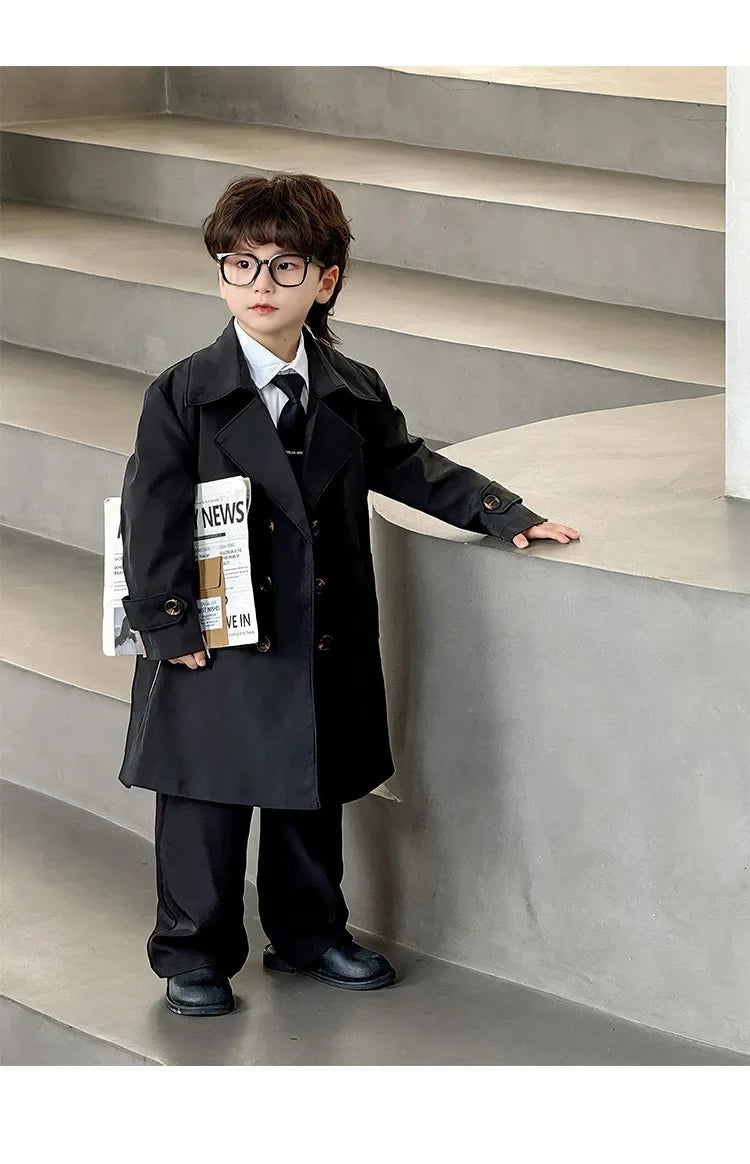 Teenager-Schultrenchcoat, Langer Stylischer Windbreaker für Jungen, Britischer Retro-Herbst-Winter-Mantel 2026, Modische Oberbekleidung für Kinder