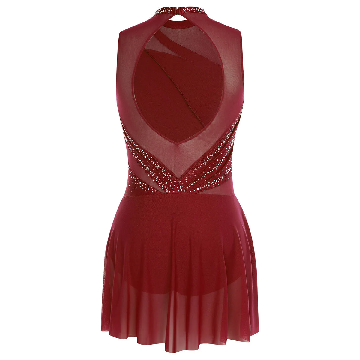 Damen-Ballettkleid mit Rüschen, lyrisches Tanzkleid, runder Kragen, ärmellos, Strass, rückenfrei, für Bühnenauftritte, Wettbewerb