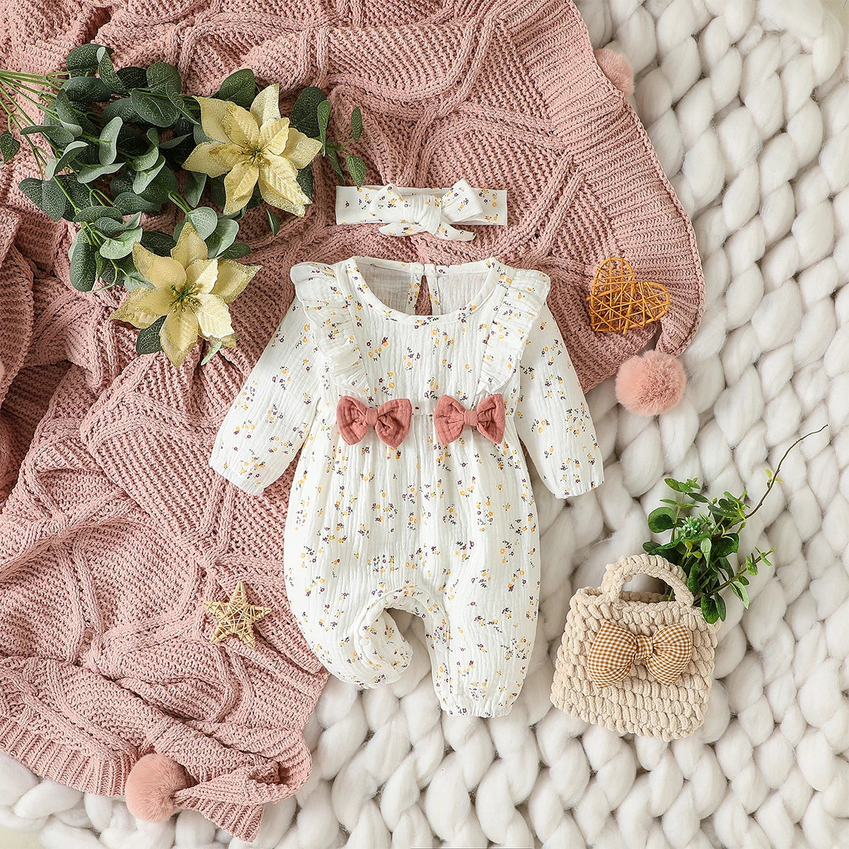 Baby Mädchen Sommer Langarm Druck Liebe mit Schleife für lässigen täglichen Baumwolloverall