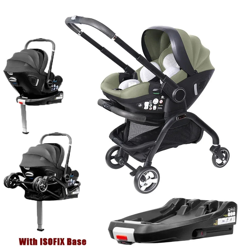 4-in-1 Kinderwagen, Luxuriöser Tragbarer Leichter Babywagen mit ISOFIX-Basis und Kindersitz für Neugeborene