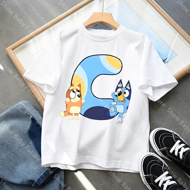 Blueys T-Shirt für Jungen und Mädchen, Cartoon-Buchstaben A-Z, Namenskleidung, Oberteile, Sommer, atmungsaktiv, niedliches Anime-Kurzarmshirt, neue Geburtstagsgeschenke