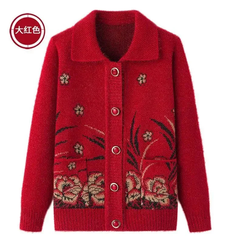 Mittelalterliche Mutter Strickjacke Pullover Mäntel Frühling Herbst Damen Langarm Strickwaren Oberteile 60-70 Jahre alte Oma Kleidung KX16
