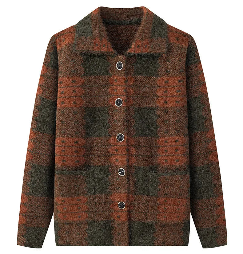 Casual Plaid Herbst Winter Kleidung Mittleren Alters Mutter Pullover Strickwaren Tops Verdicken Oma Warm Woolen Mantel Frauen Strickjacke