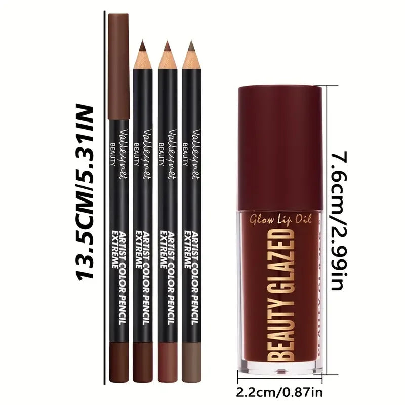 4-teiliges Lippen-Set – 3 Stück Lipliner + 1 Stück Lip Glaze, wasserfest und langanhaltender mattierter Effekt, vielseitig einsetzbar für lässige und formelle Anlässe.