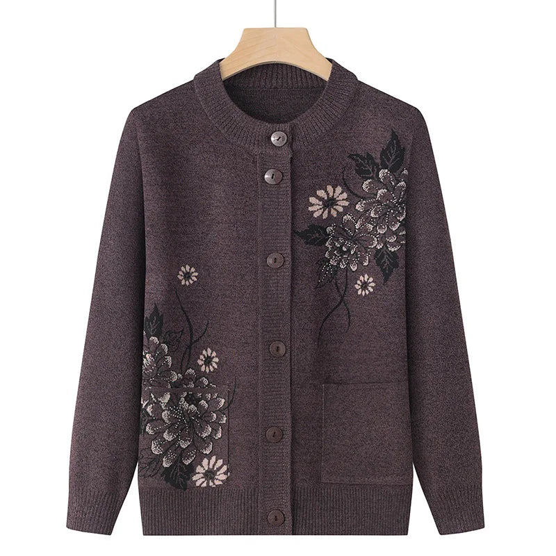 Koreanische frauen Kleidung Neue Stricken Woolen Gedruckt Strickjacke Mantel Mittleren Alters Mutter Strickwaren Tops Vintage Oma Pullover Jacke