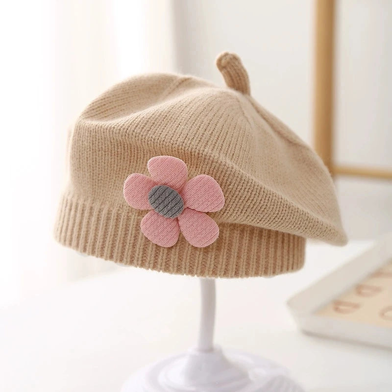 Blume Baby Baskenmütze Hut Winter Warme Gestrickte Beanie Cap für Kleinkind Mädchen Koreanische Kleinkind Prinzessin Künstler Einfarbig Maler Kappen