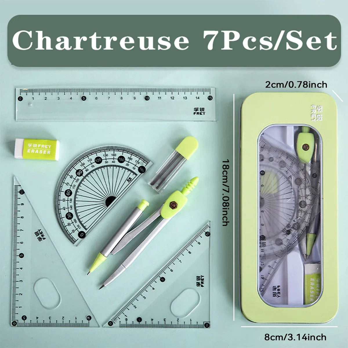 7-teiliges Kompass- und Lineal-Set, dreieckiges Lineal, Winkelmesser, Gummi, für Studenten, Prüfungen, spezifisches Lineal, Box-Set, Lineal-Set, Schule beginnt