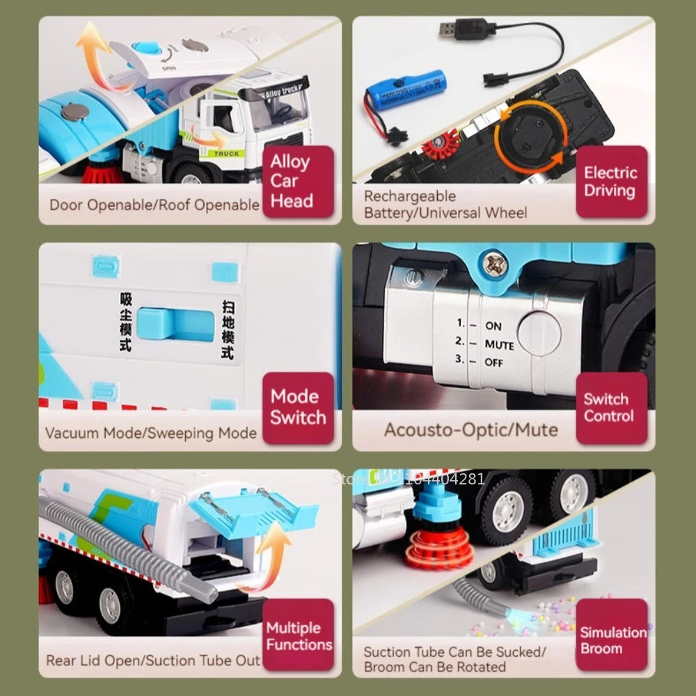 1:50 Elektrische Kehrmaschine Legierung Bewässerung Lkw Diecast Modell Miniatur Spielzeug Auto Türen Geöffnet Sound Licht Fahrzeuge für Kinder Geschenke
