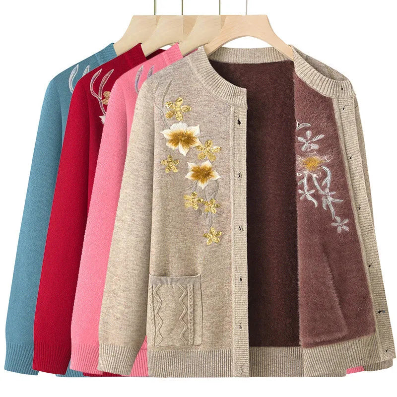 Herbst Winter warme Pullover Jacke Damen Print mittleren Alters Mutter Strickjacke Oma plus Samt Strickjacke Mantel weiblich 2915