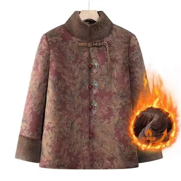 Damenmantel im chinesischen Stil mit Blumenmuster, gefüttert mit Fleece, aus Baumwolle, dicker Wintermantel, Tang-Anzugjacke für ältere Damen, Mütter und Großmütter.