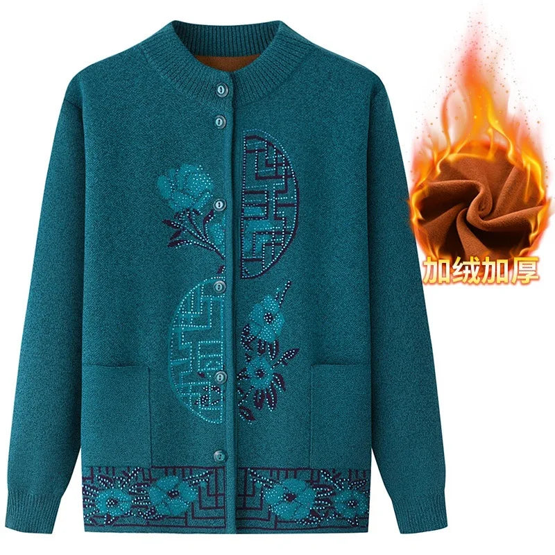 2025 Oma Pullover Frauen Frühling Herbst Pullover Mantel Mutter Strickjacke Für Frau Samt Strickwaren Weibliche Kleidung 5XL 2898