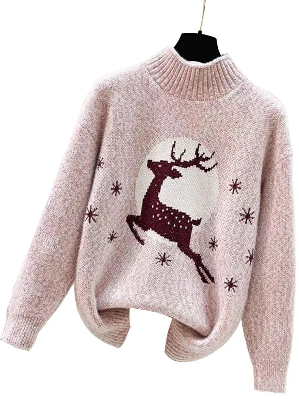 Vintage Herbst Mode Damen Mittelhoher Halsausschnitt Elch Weihnachtsmode Druck Pullover Langarmpullover О гроут Tinggi فسات فщин