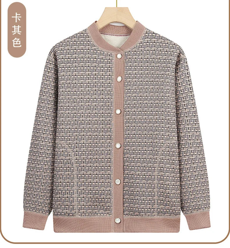 Verdicken Samt Plaid Pullover Für Frau Langarm Top Heißer Herbst Winter Oma Kleidung Warme Strickjacke Frauen Strickwaren Jacke