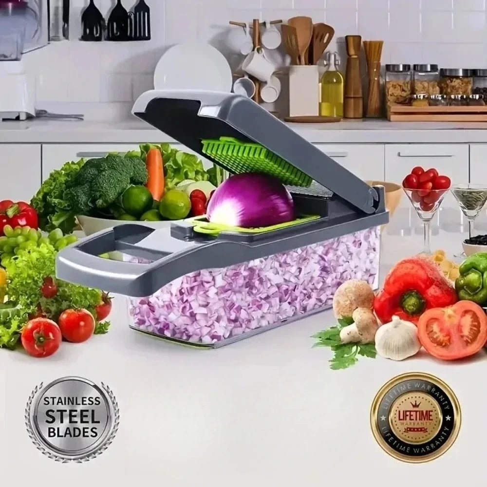Multifunktionaler Gemüsehacker mit Griff, Lebensmittelrost, Lebensmittelhacker, Gemüseschneider, Dicer, geschnitten, 14/16 in 1, Küchenartikel, Cocina