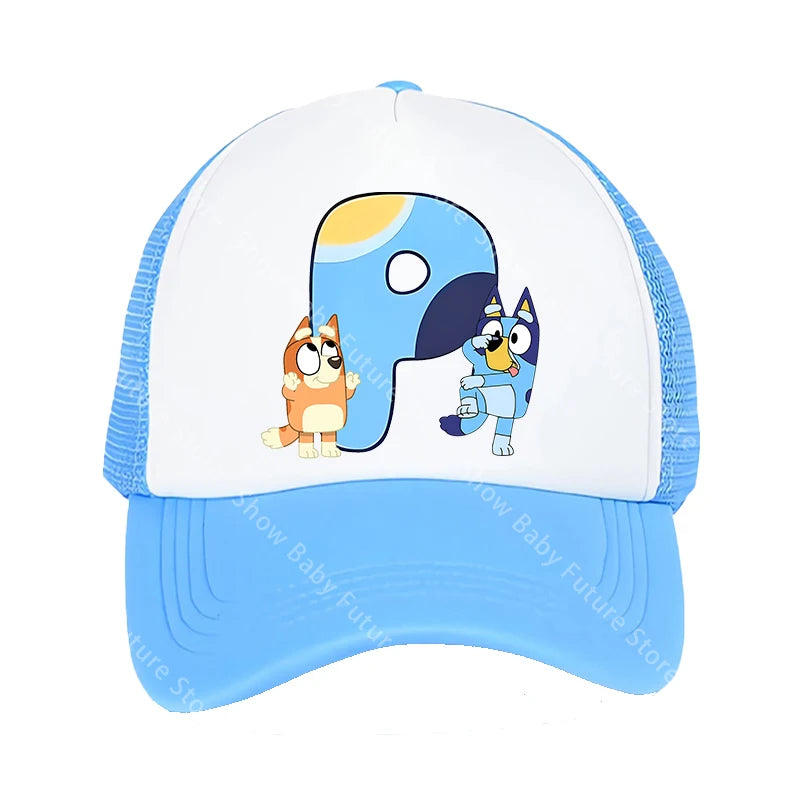 Blueys Baseballkappen für Erwachsene, Jungen und Mädchen, Kawaii-Buchstaben, zwei Größen, atmungsaktive Sport-Mesh-Mütze, niedlicher Cartoon-Anime-Sonnenhut, Geschenke