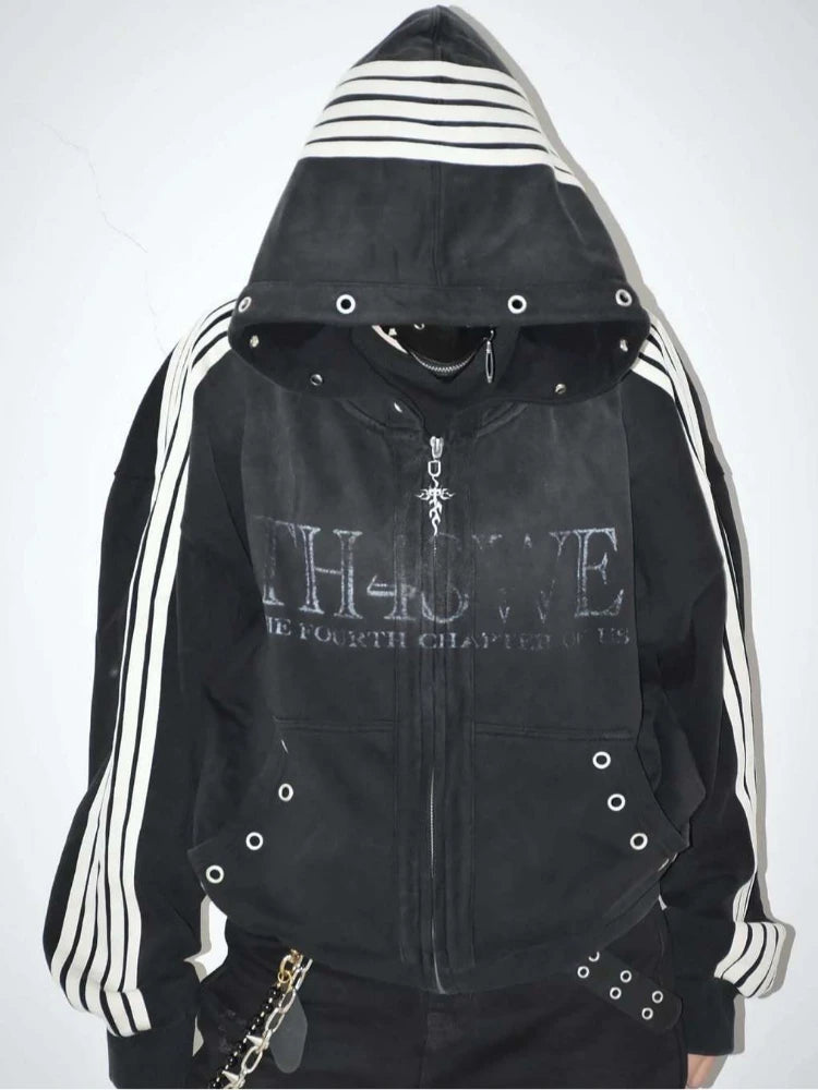 Kurze Kapuzenjacke mit Reißverschluss für Junge Männer, Oversized mit Fallenden Schultern, Gestreiften Ärmeln, Ösen-Taschen, Vintage-Schriftzug, Dunkler Street-Style für Teenager