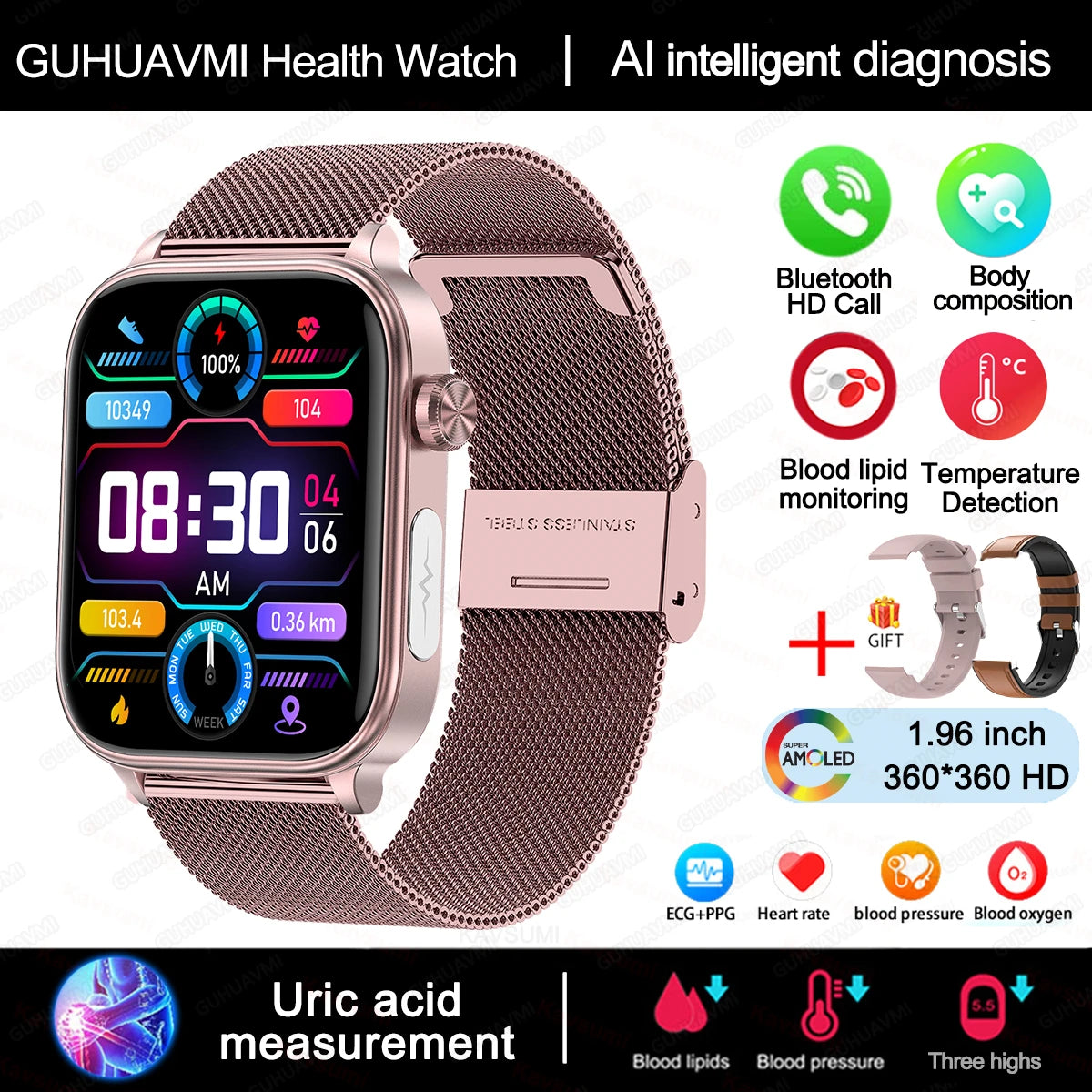 AI-Diagnosedetektor, Smartwatch für Damen, Blutfette und Harnsäure, Körpersammensetzungstest, Damen-Menstruationsgesundheits-Tracker, 2025, Neu