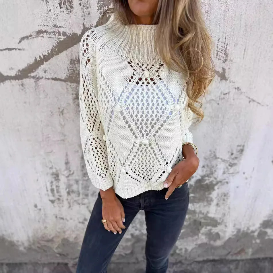 Hohl Einfarbig Langarm Gestrickte Rundhals Lange Vielseitige Pullover Herbst Pullover Damen Roupas De Inverno Feminina Mulher