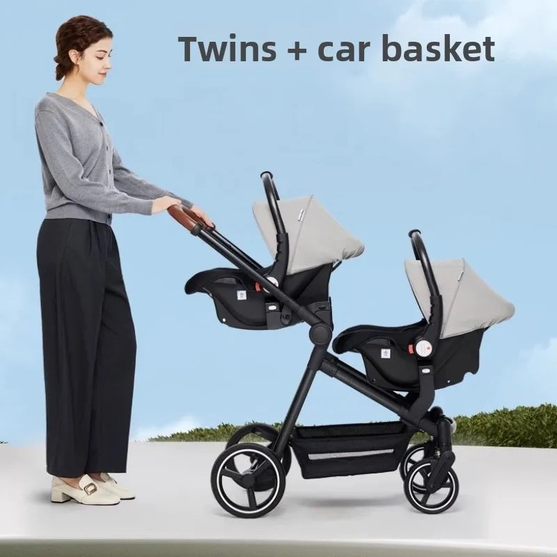 3-in-1-Kinderwagen für Zwillinge mit Autositz. Leichter, kleiner, gefalteter Handgepäck-Kinderwagen, multifunktionale Kinderwagen