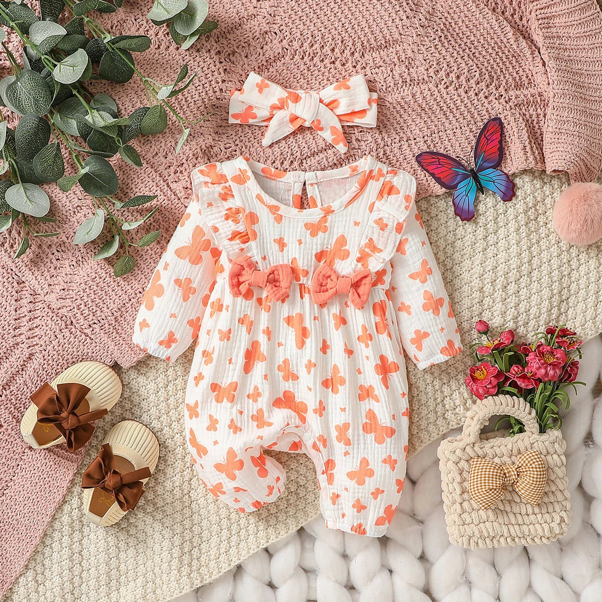 Baby-Mädchen-Overall für alle Jahreszeiten, langärmelig, mit Blumenmuster und Schleife, täglicher Overall für Neugeborene, 6 Monate Kleidung + Stirnband