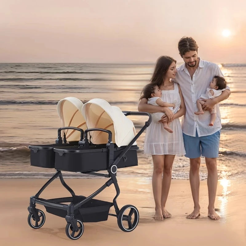 Integrierter Hochansicht-Kinderwagen für zwei Babys, kann sitzen oder liegen, ultraleichter, tragbarer, faltbarer Outdoor-Reisewagen