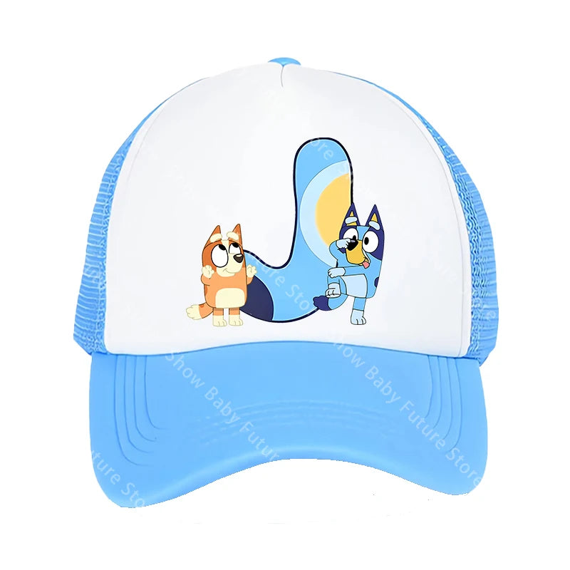 Blueys Baseballkappen für Erwachsene, Jungen und Mädchen, Kawaii-Buchstaben, zwei Größen, atmungsaktive Sport-Mesh-Mütze, niedlicher Cartoon-Anime-Sonnenhut, Geschenke