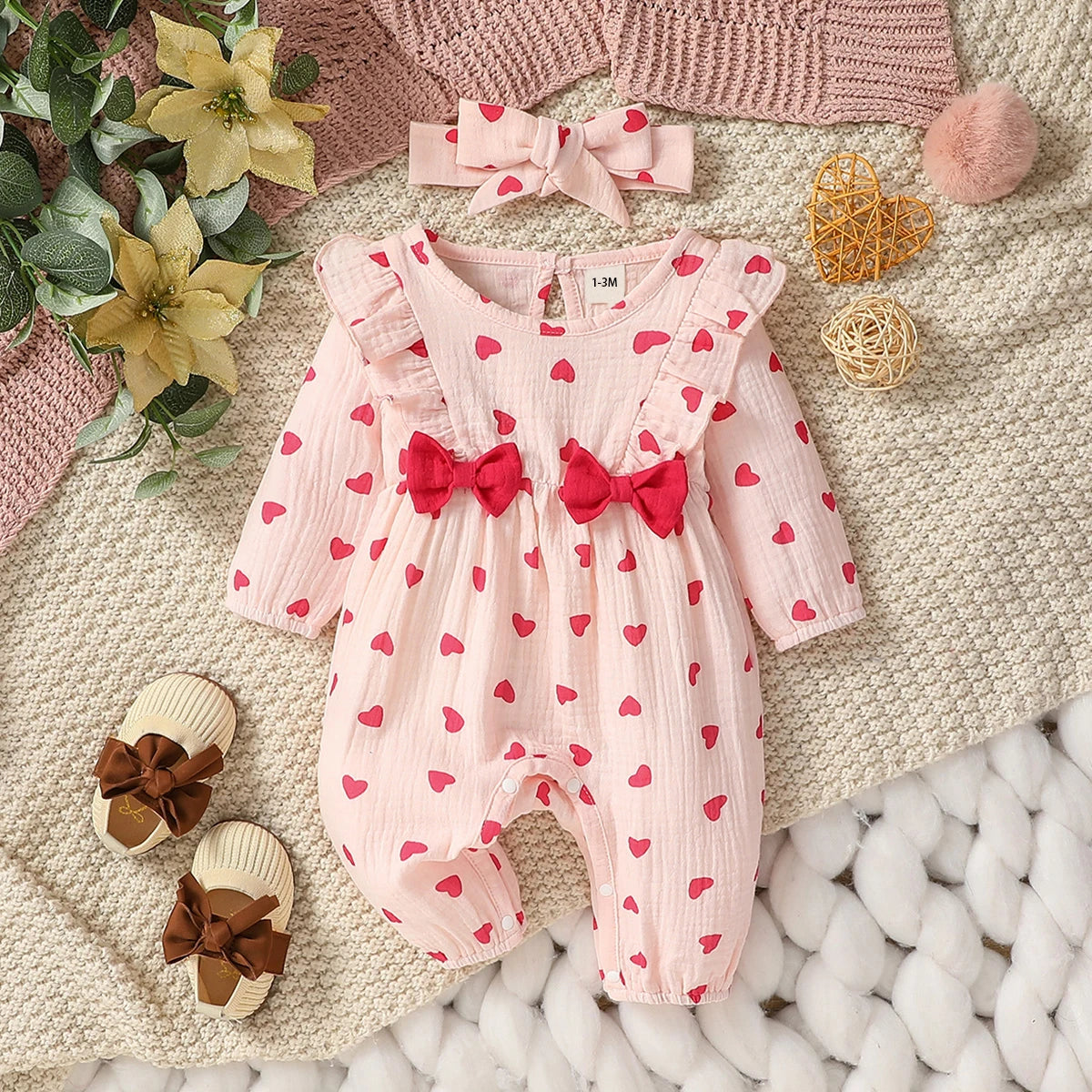 Baby-Mädchen-Overall für alle Jahreszeiten, langärmelig, mit Blumenmuster und Schleife, täglicher Overall für Neugeborene, 6 Monate Kleidung + Stirnband