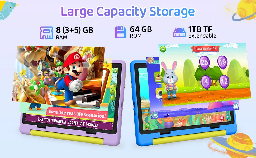 URAO 10 Zoll Android 15 Tablet mit Cartoon-Muster Kinder-Tablet 20GB RAM 64GB ROM Lern- und Spiele-Tablets Kindergeschenke