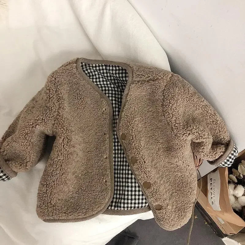 Neue Herbst und Winter Neue Warme Jacke Kinder Zwei Seiten Tragen Plaid Plüsch Jacke Kinder Jacken Winter Kleidung für Mädchen