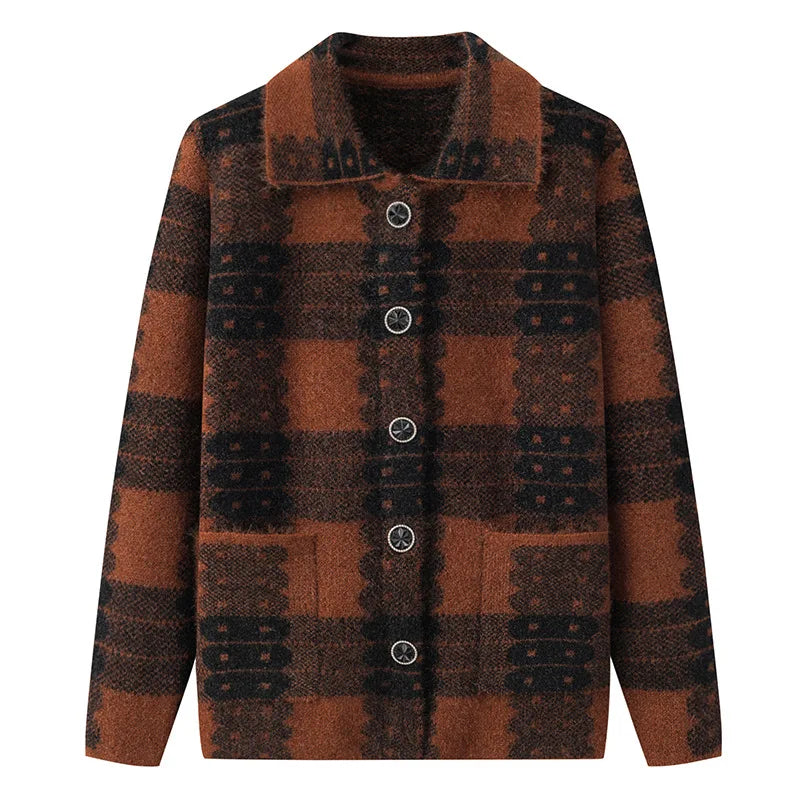 Casual Plaid Herbst Winter Kleidung Mittleren Alters Mutter Pullover Strickwaren Tops Verdicken Oma Warm Woolen Mantel Frauen Strickjacke