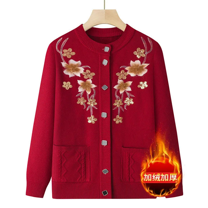 Herbst Winter warme Pullover Jacke Damen Print mittleren Alters Mutter Strickjacke Oma plus Samt Strickjacke Mantel weiblich 2915
