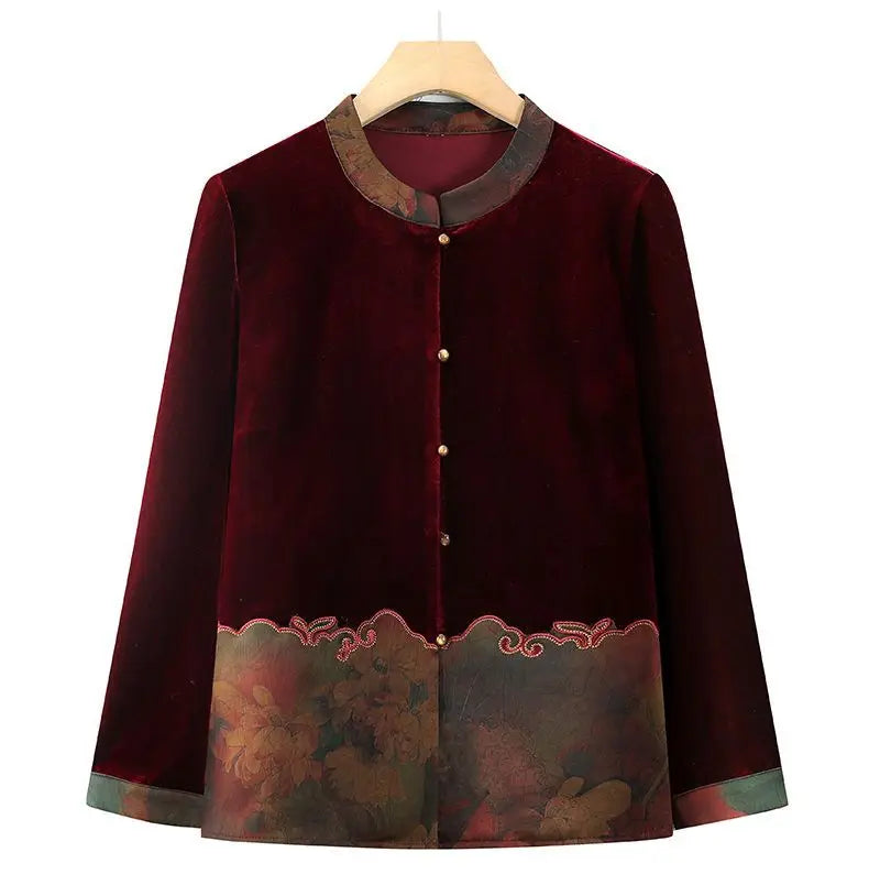 Samtjacke für ältere Frauen, Frühling/Herbst, Blumenmuster, Stehkragen, lange Ärmel, locker geschnittener Mantel für alte Großmütter