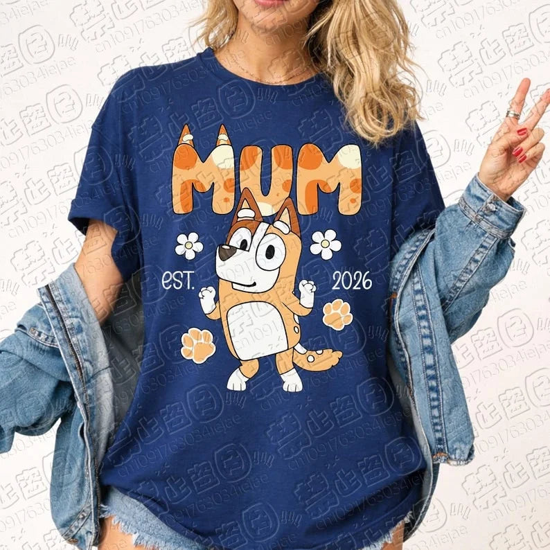 2026 Bluey Familien-Shirts, Cartoon Blauer Hund Mama Papa Partnerlook T-Shirts, Cooler Cartoon-Druck, Lässige Eltern-Kind Atmungsaktive T-Shirts