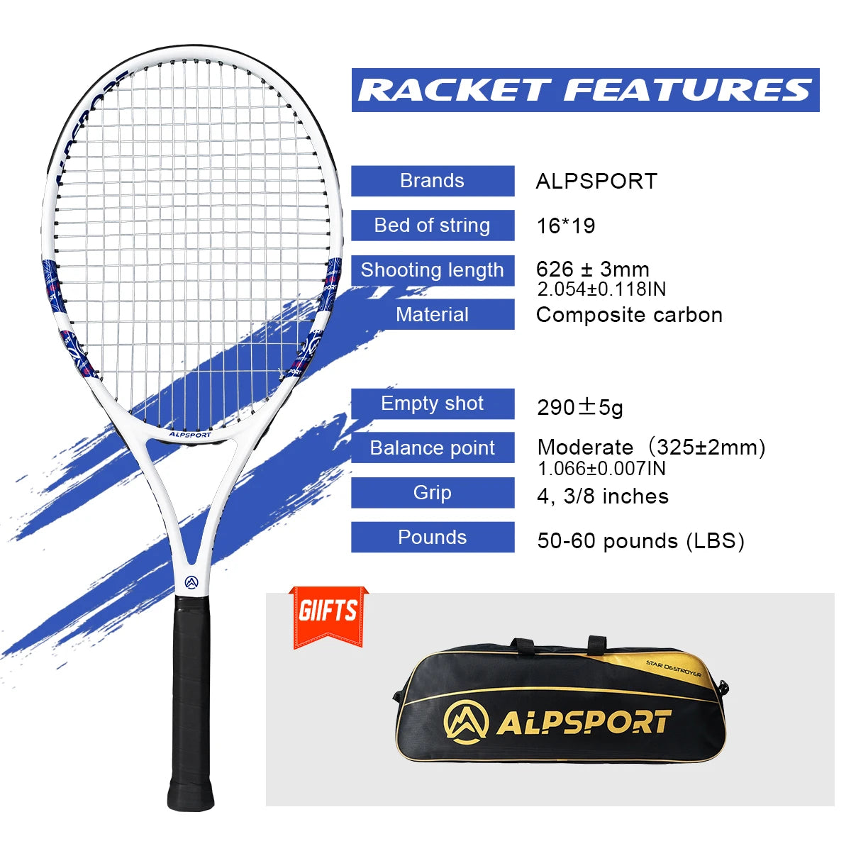 ALPSPORT T800 18K Professioneller Tennis-Schläger aus Carbonfaser – Leicht (280g) mit Tasche & Rutschfestem Gurt, Schneller Versand für Turniere