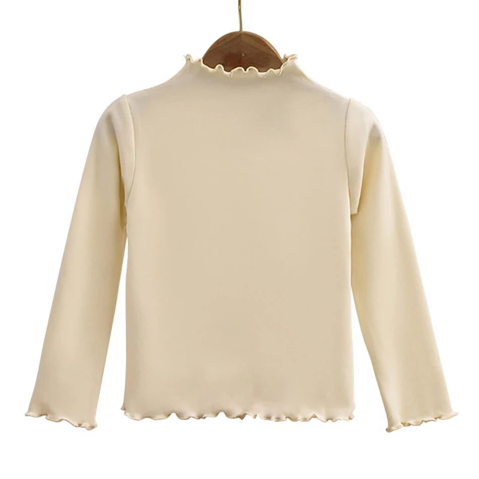Herbst-Winter-Langarm-T-Shirt für Mädchen, einfarbig, mit Rüschenkragen, modisches, bequemes T-Shirt für den Alltag