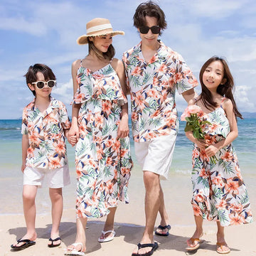 Family Look Vacation Beachwear Mother Daughter Sleeveless Dress Dad Son Matching Floral Shirt Set Parent-Child Holiday Outfits