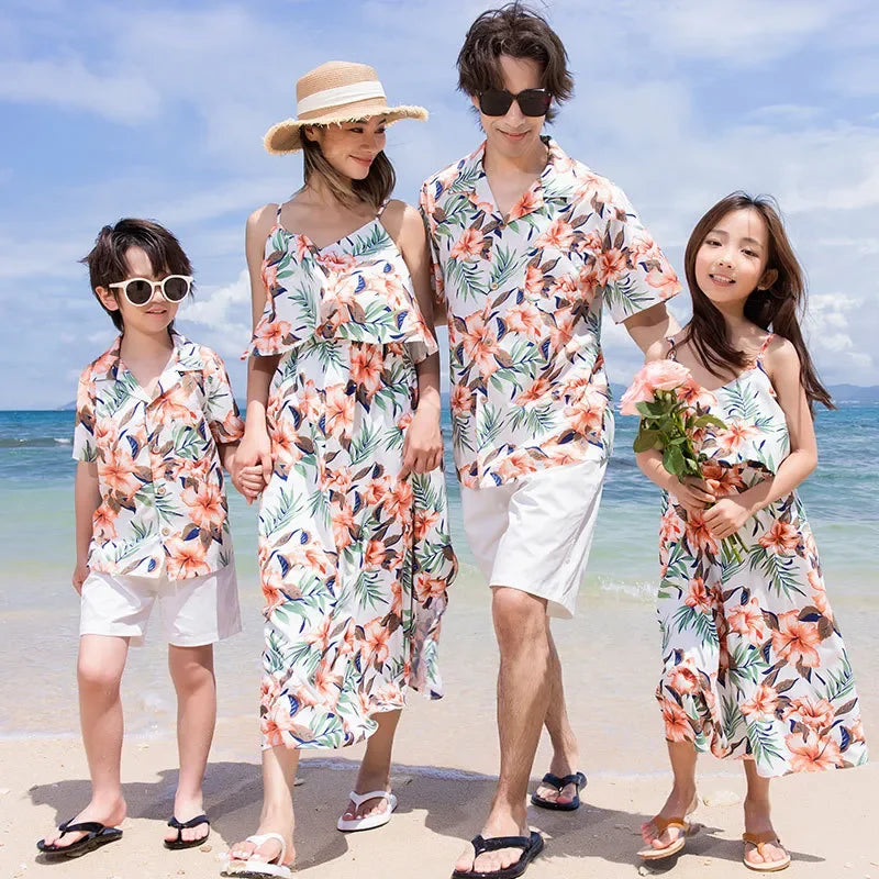 Family Look Vacation Beachwear Mother Daughter Sleeveless Dress Dad Son Matching Floral Shirt Set Parent-Child Holiday Outfits
