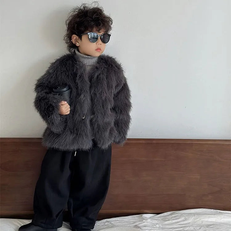 Gefälschte Pelz Mädchen Jacke Herbst Winter Neue Einfarbig Dicke Warm Halten Einreiher Mantel Für 3-10 Jahre mädchen Mode Oberbekleidung
