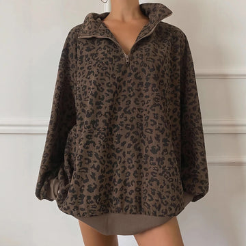 Damen Stehkragen Leopardenmuster Half Zip Mode Pullover Langarm Sweatshirt Herbst Winter Sudaderas Herbst Pullover Damen