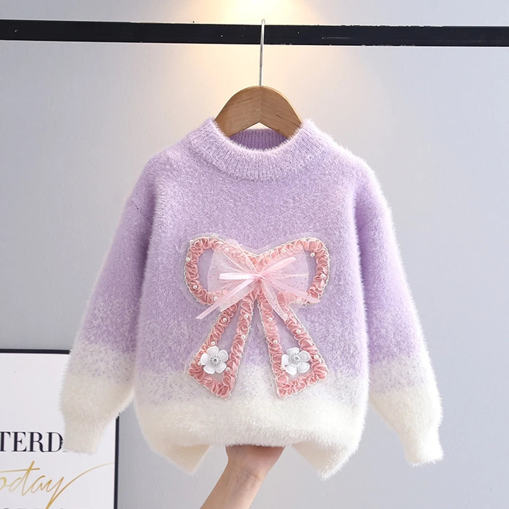 Herbst Winter Teenager Mädchen Pullover verdickt Kunst Nerz Pelz Kinder Strickpullover Junior Kinder 3D Fliege warme Basis Top Kleidung