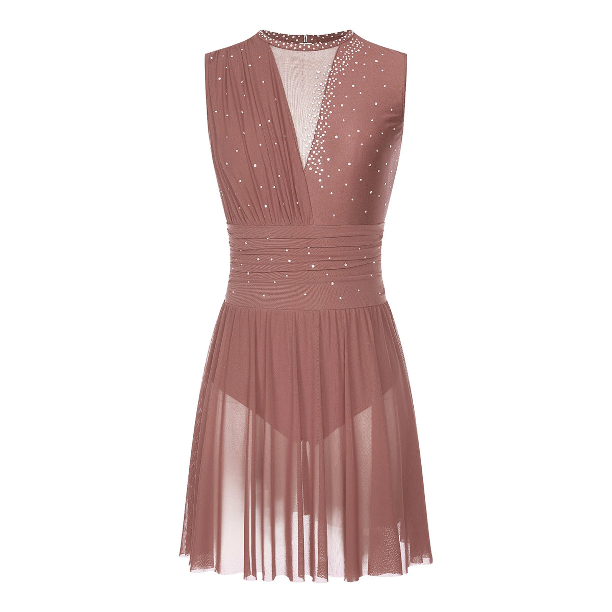 Damen-Ballettkleid mit Rüschen, lyrisches Tanzkleid, runder Kragen, ärmellos, Strass, rückenfrei, für Bühnenauftritte, Wettbewerb