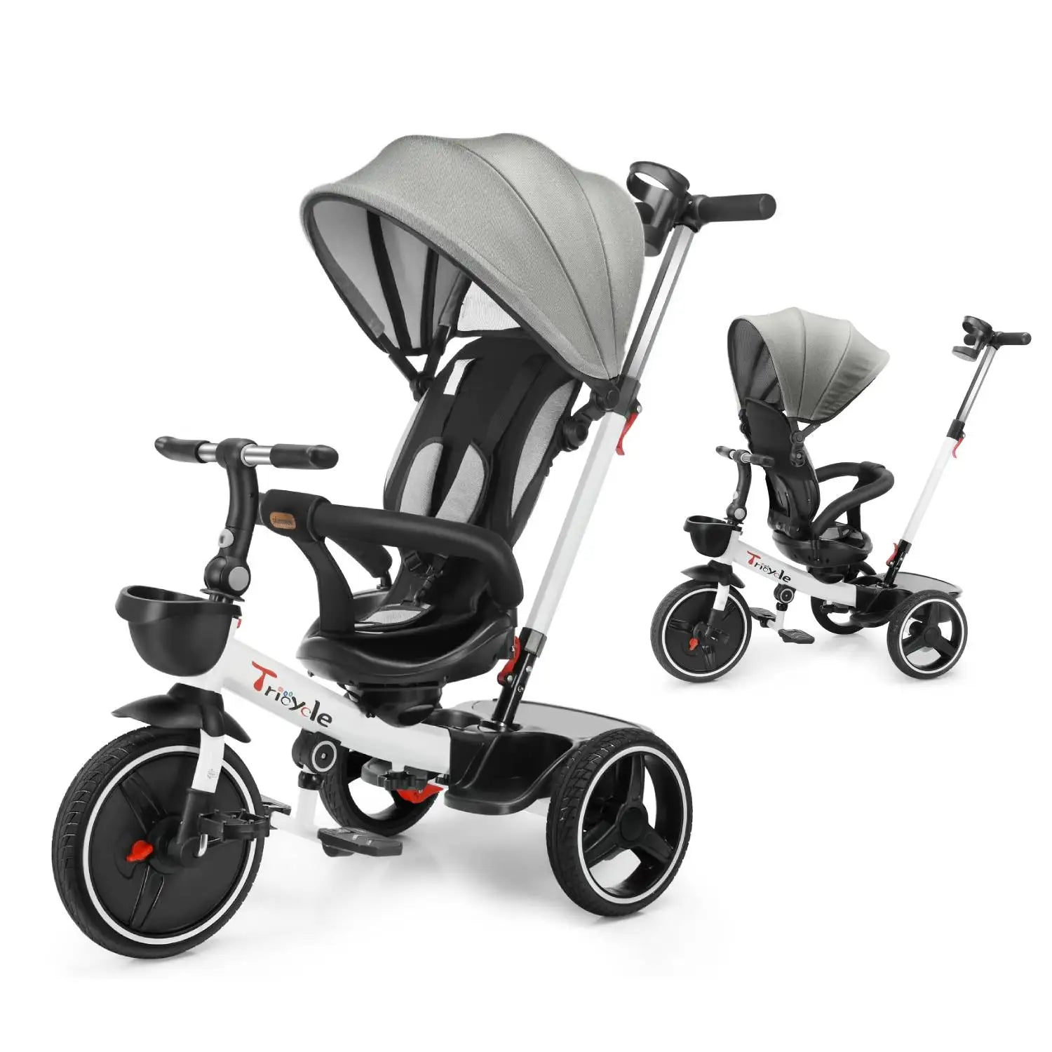 Baby-Dreirad, 6-in-1-Baby-Push-Bike-Lenkwagen, Lern-Fahrrad für Kleinkinder/abnehmbare Geländer, verstellbares Baldachin