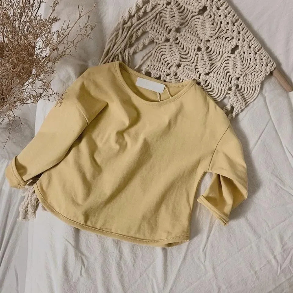 Herbst Winter Junge Mädchen Kinder solide lange Ärmel Bottom ing Shirt Kind lose T-Shirt Retro Baby Baumwolle Tops Kleinkind lässig T-Shirts