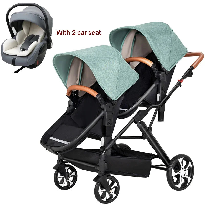 3-in-1-Zwillings-Kinderwagen mit Autositz für zwei Kinder, faltbar, stoßdämpfender Kinderwagen mit hoher Landschaft