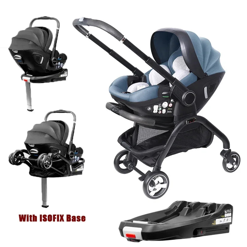4-in-1 Kinderwagen, Luxuriöser Tragbarer Leichter Babywagen mit ISOFIX-Basis und Kindersitz für Neugeborene